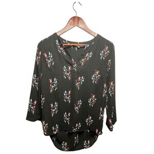 Daniel Rainn Womens Hi-Low Split Neck Blouse Top Size: S Color: Black Flora